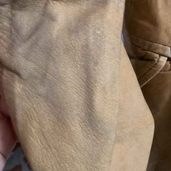 Vintage Y2K Zara Womens Tan Camel Distressed Soft Leather Jacket Coat - Picture 10 of 12